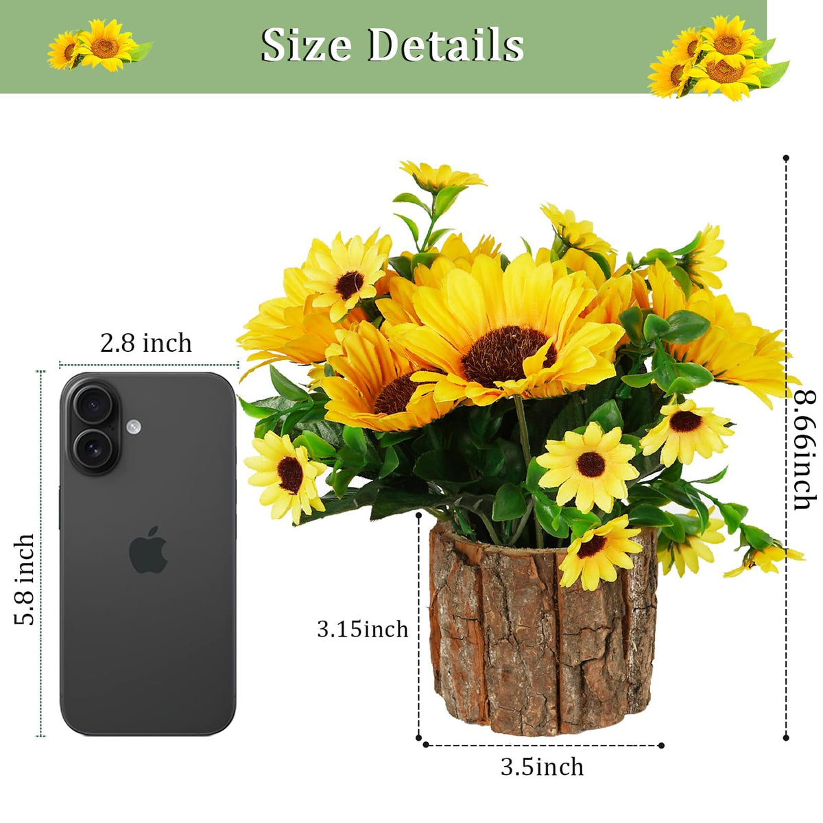 Lilithye Artificial Sunflower Flowers in Wood Stump Planter – Set of 2 (Yellow)