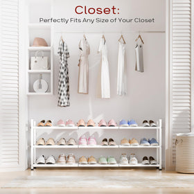 Bumusty 3-Tier Long Expandable Shoe Rack — 18-44 in Adjustable Closet Organizer, Holds 15-18 Pairs, White