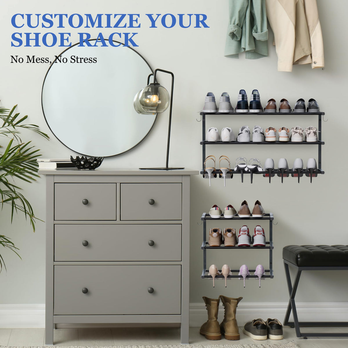 Jchccu 2 Pack Wall Mounted Shoe Rack – 3-Tier, Adjustable, Holds 24 Pairs, Space-Saving