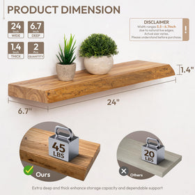 Marsmiles 24-Inch Floating Elm Wood Shelves – Live Edge Wall Shelves with Hidden Bracket (2 Pack)