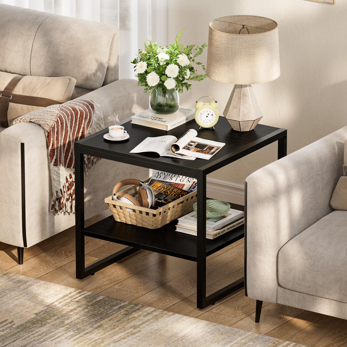 Homieasy End Table – 20-Inch Square, 2-Tier Storage, Industrial Wood, Black