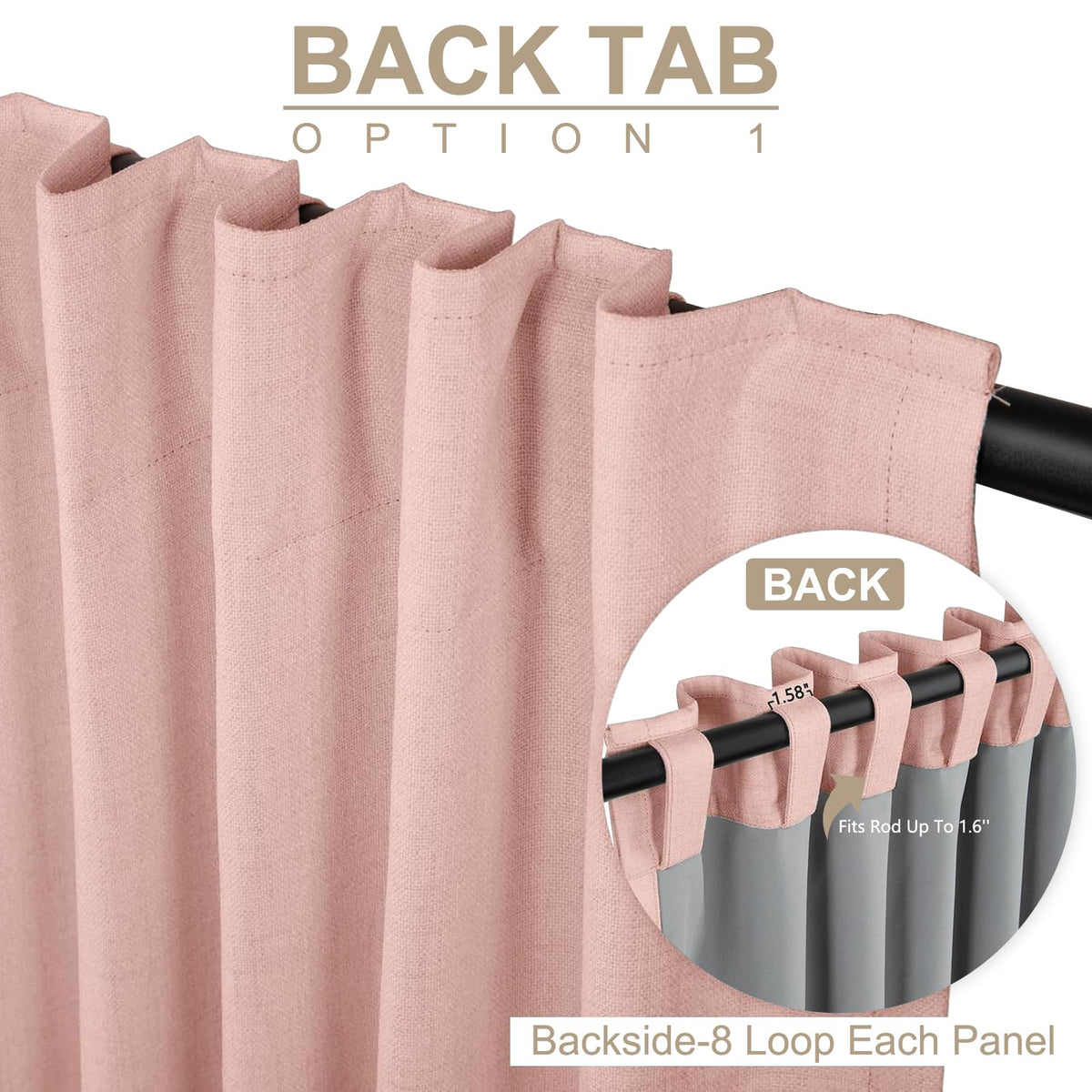 100% Blackout Shield Linen Blackout Curtains - 102-Inch Length, Blush Pink, 2 Panels Set, Back Tab & Rod Pocket