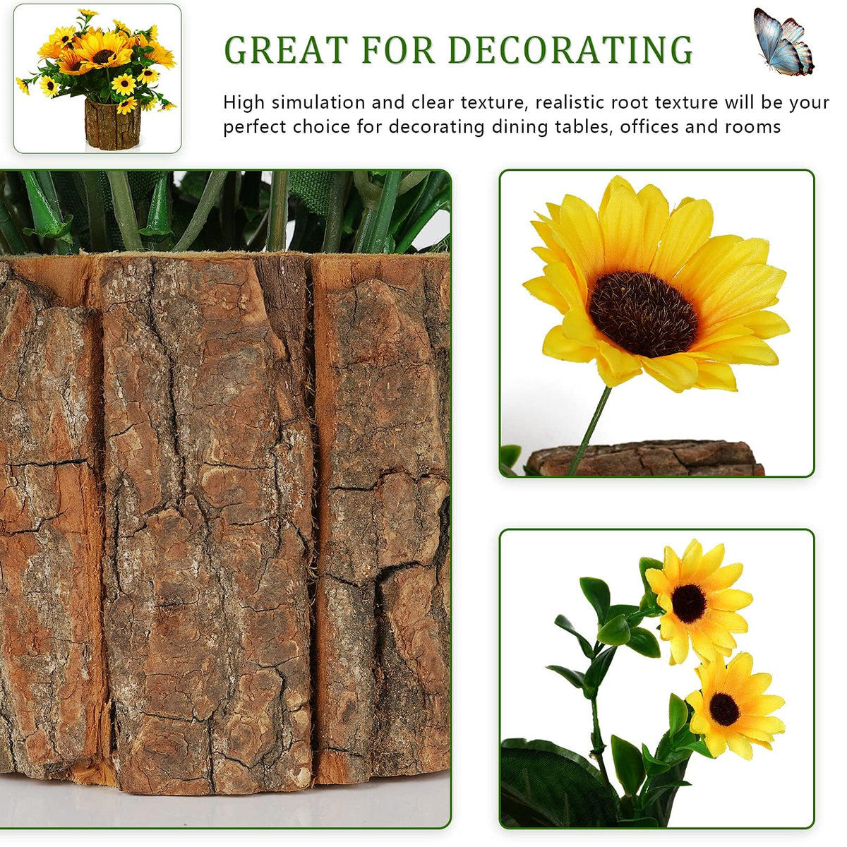 Lilithye Artificial Sunflower Flowers in Wood Stump Planter – Set of 2 (Yellow)
