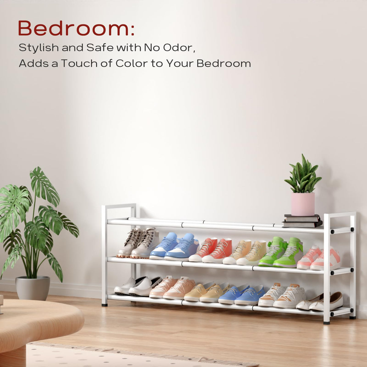 Bumusty 3-Tier Long Expandable Shoe Rack — 18-44 in Adjustable Closet Organizer, Holds 15-18 Pairs, White