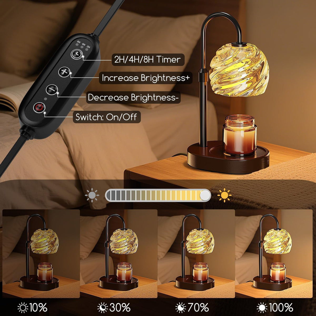 BlissWhisper Candle Warmer Lamp with Timer Dimmer | Height Adjustable, Safe Wax Melter, Black