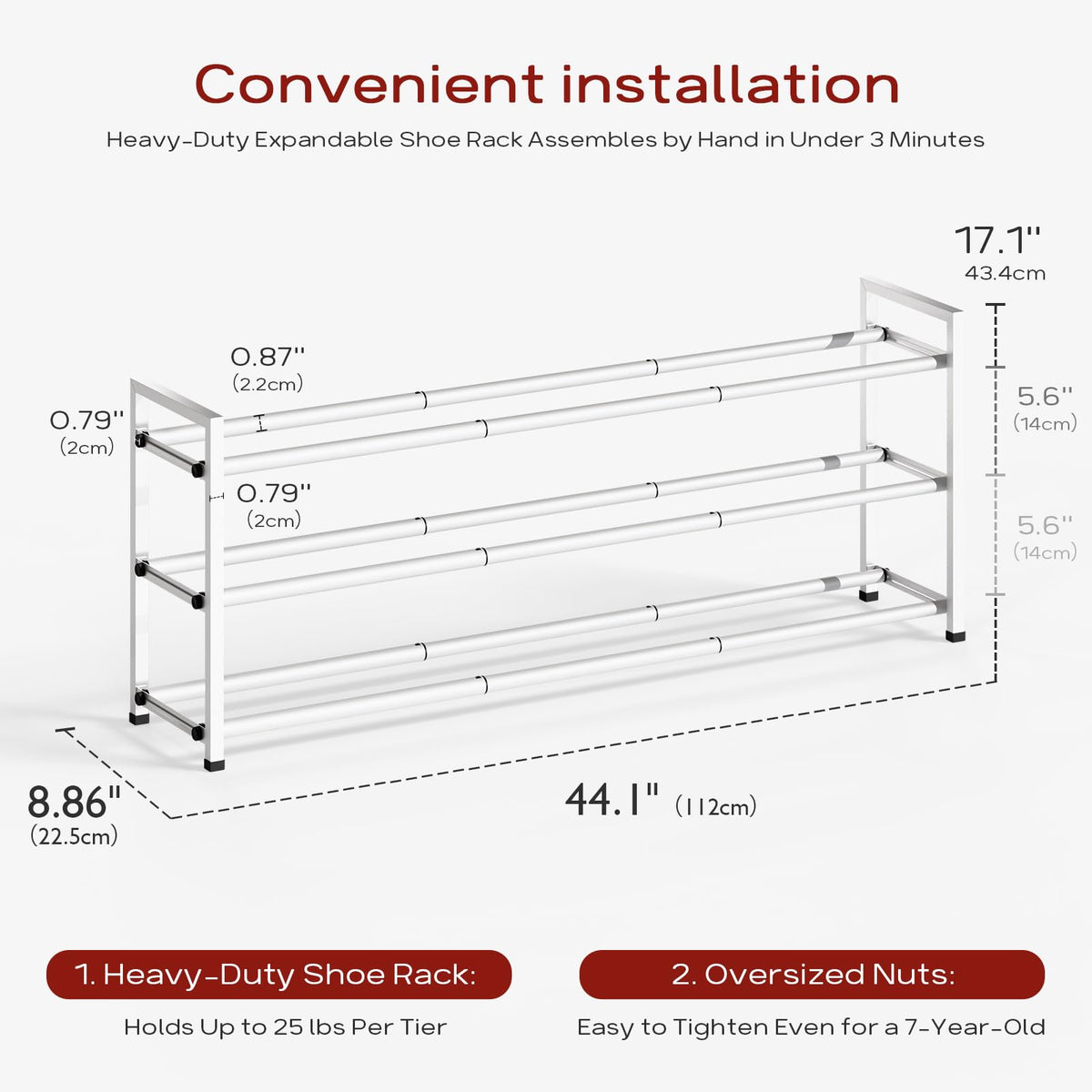 Bumusty 3-Tier Long Expandable Shoe Rack — 18-44 in Adjustable Closet Organizer, Holds 15-18 Pairs, White