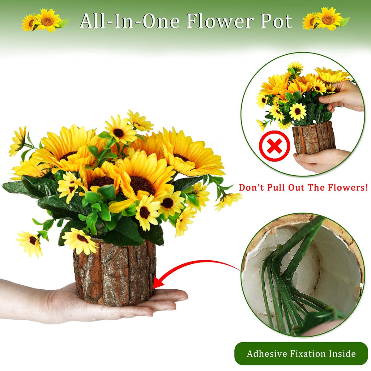 Lilithye Artificial Sunflower Flowers in Wood Stump Planter – Set of 2 (Yellow)