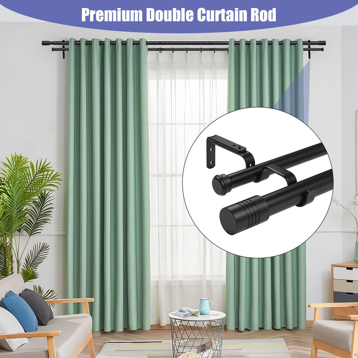 Creatyi 1-Inch Heavy Duty Double Curtain Rods – Adjustable 32–129 Inches (Black)