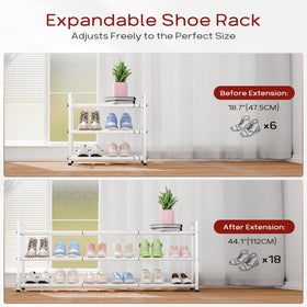 Bumusty 3-Tier Long Expandable Shoe Rack — 18-44 in Adjustable Closet Organizer, Holds 15-18 Pairs, White