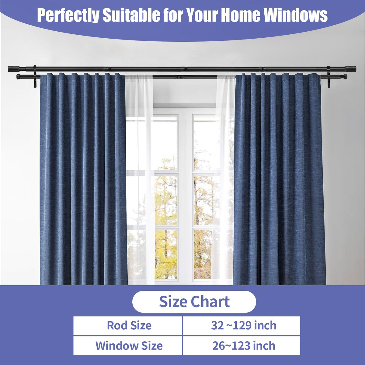 Creatyi 1-Inch Heavy Duty Double Curtain Rods – Adjustable 32–129 Inches (Black)