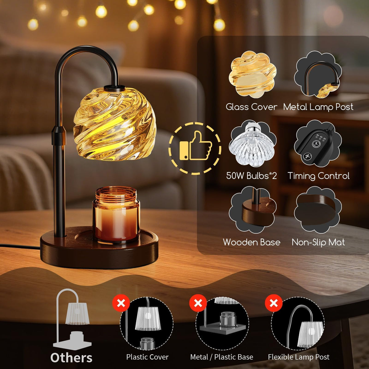 BlissWhisper Candle Warmer Lamp with Timer Dimmer | Height Adjustable, Safe Wax Melter, Black