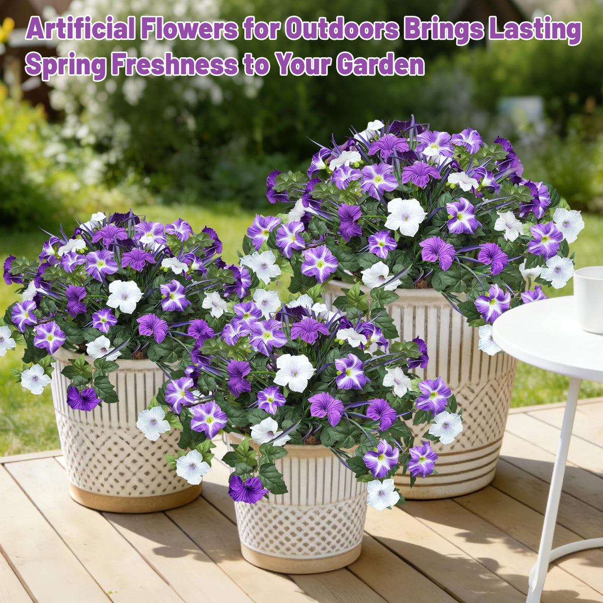 Unlemoni Outdoor Artificial Flowers – 6-Pack UV-Resistant Petunias & Grass for Balcony & Garden