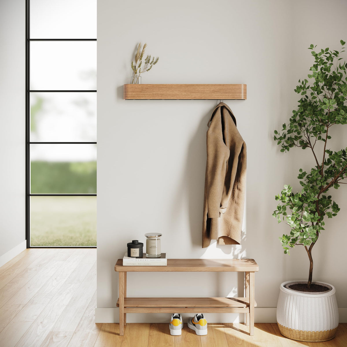 Kazai Toke Wall-Mounted Coat Rack – Hidden Hooks, Oak Wood Veneer