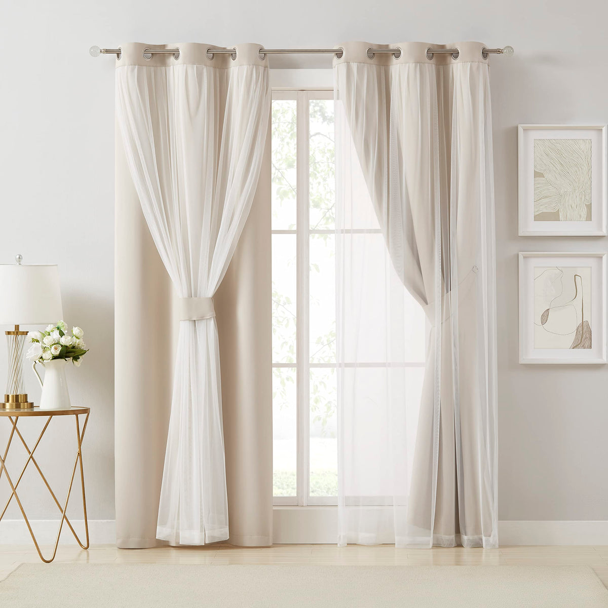Bujasso Beige 90% Blackout Curtains with Sheer Overlay | 37x84 Double Layer