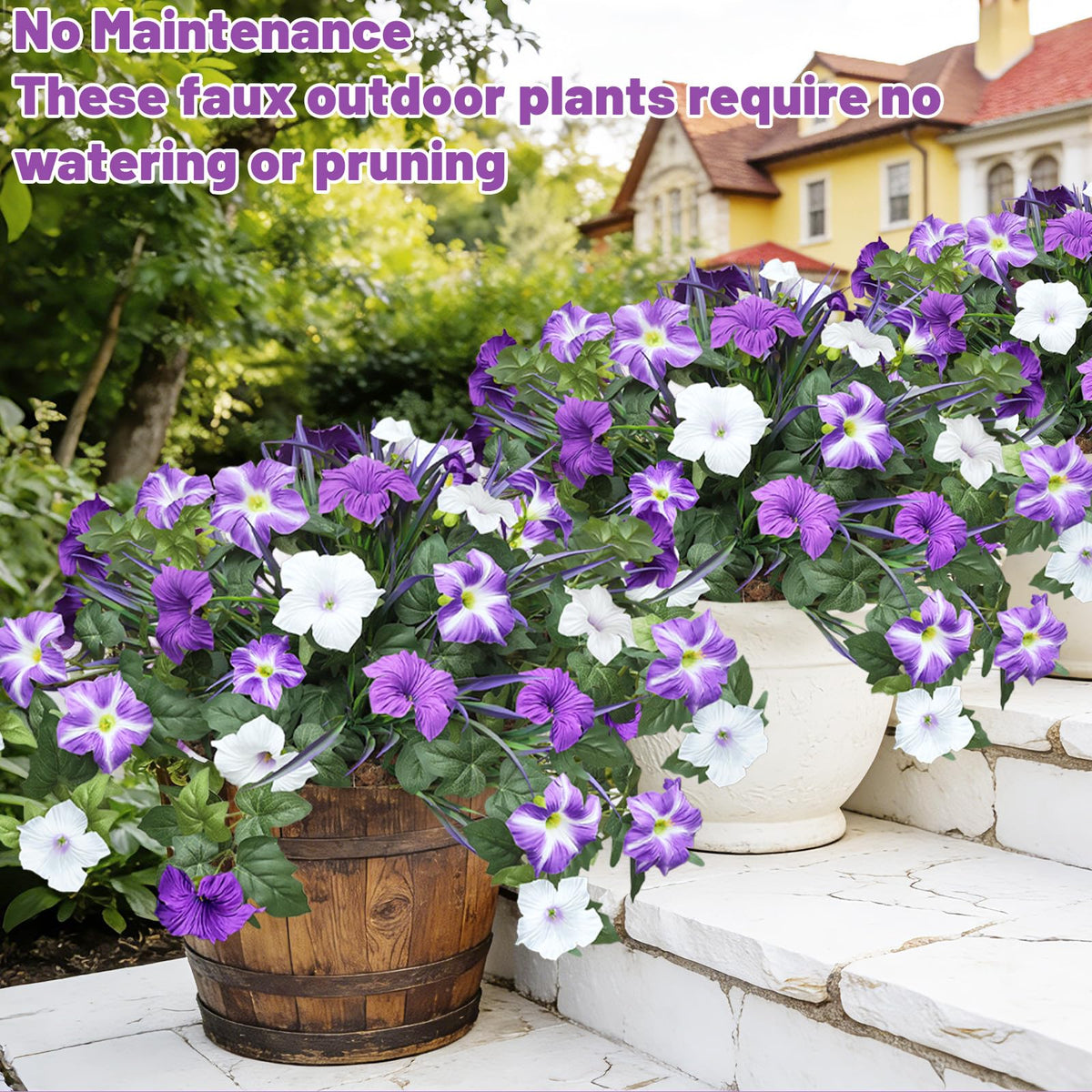 Unlemoni Outdoor Artificial Flowers – 6-Pack UV-Resistant Petunias & Grass for Balcony & Garden