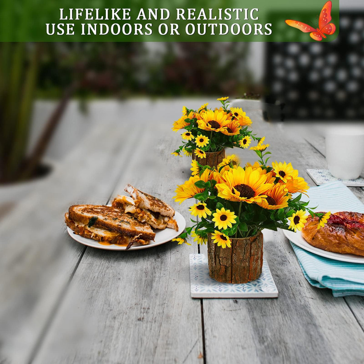 Lilithye Artificial Sunflower Flowers in Wood Stump Planter – Set of 2 (Yellow)