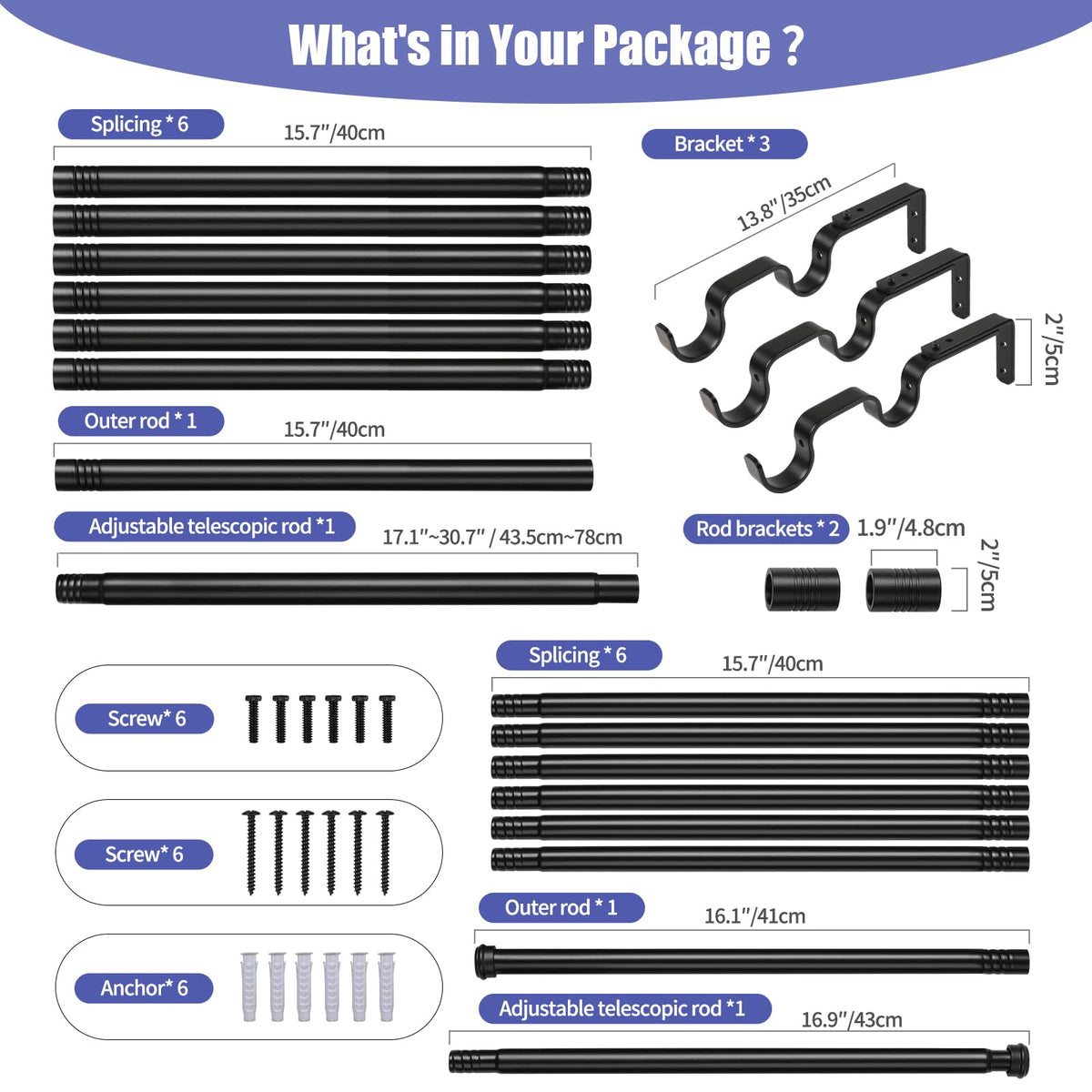 Creatyi 1-Inch Heavy Duty Double Curtain Rods – Adjustable 32–129 Inches (Black)