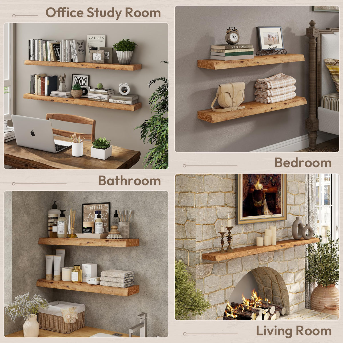Marsmiles 24-Inch Floating Elm Wood Shelves – Live Edge Wall Shelves with Hidden Bracket (2 Pack)