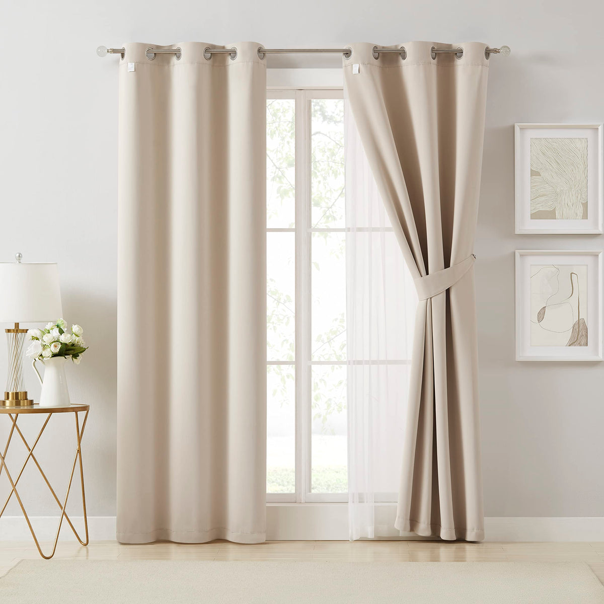 Bujasso Beige 90% Blackout Curtains with Sheer Overlay | 37x84 Double Layer