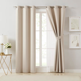 Bujasso Beige 90% Blackout Curtains with Sheer Overlay | 37x84 Double Layer