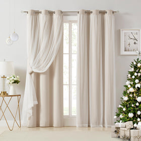 Bujasso Beige 90% Blackout Curtains with Sheer Overlay | 37x84 Double Layer