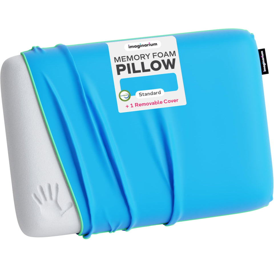 Imaginarium Memory Foam Pillow in Cosmic Blue with cooling cover for restful sleep.