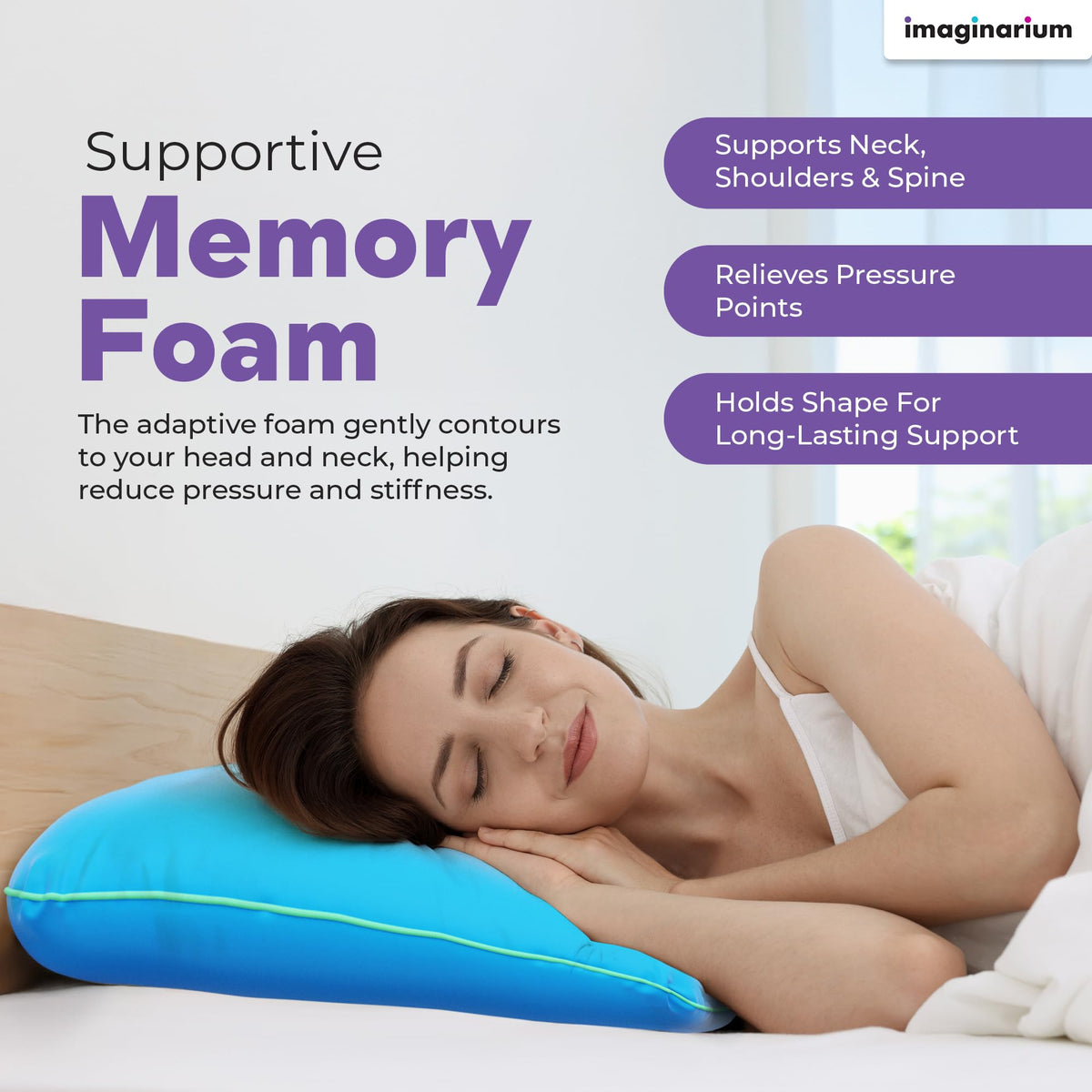 Imaginarium memory foam pillow side view highlighting neck and shoulder support.
