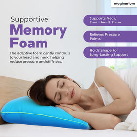 Imaginarium memory foam pillow side view highlighting neck and shoulder support.