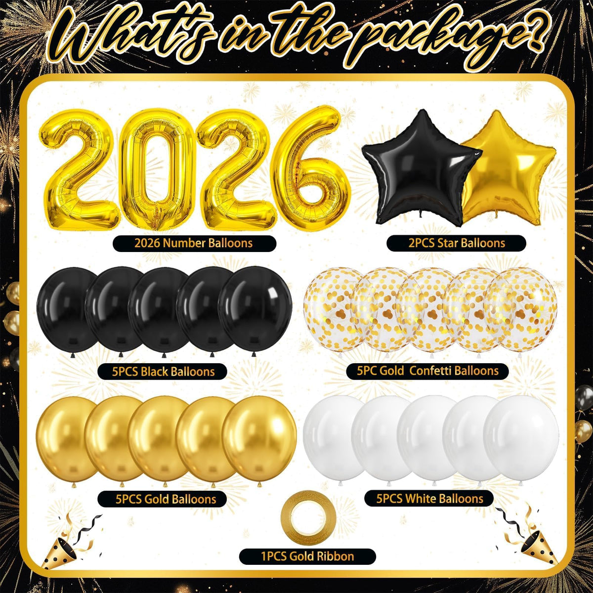 IMGAJOSKO 18-inch black and gold foil star balloons for elegant accents
