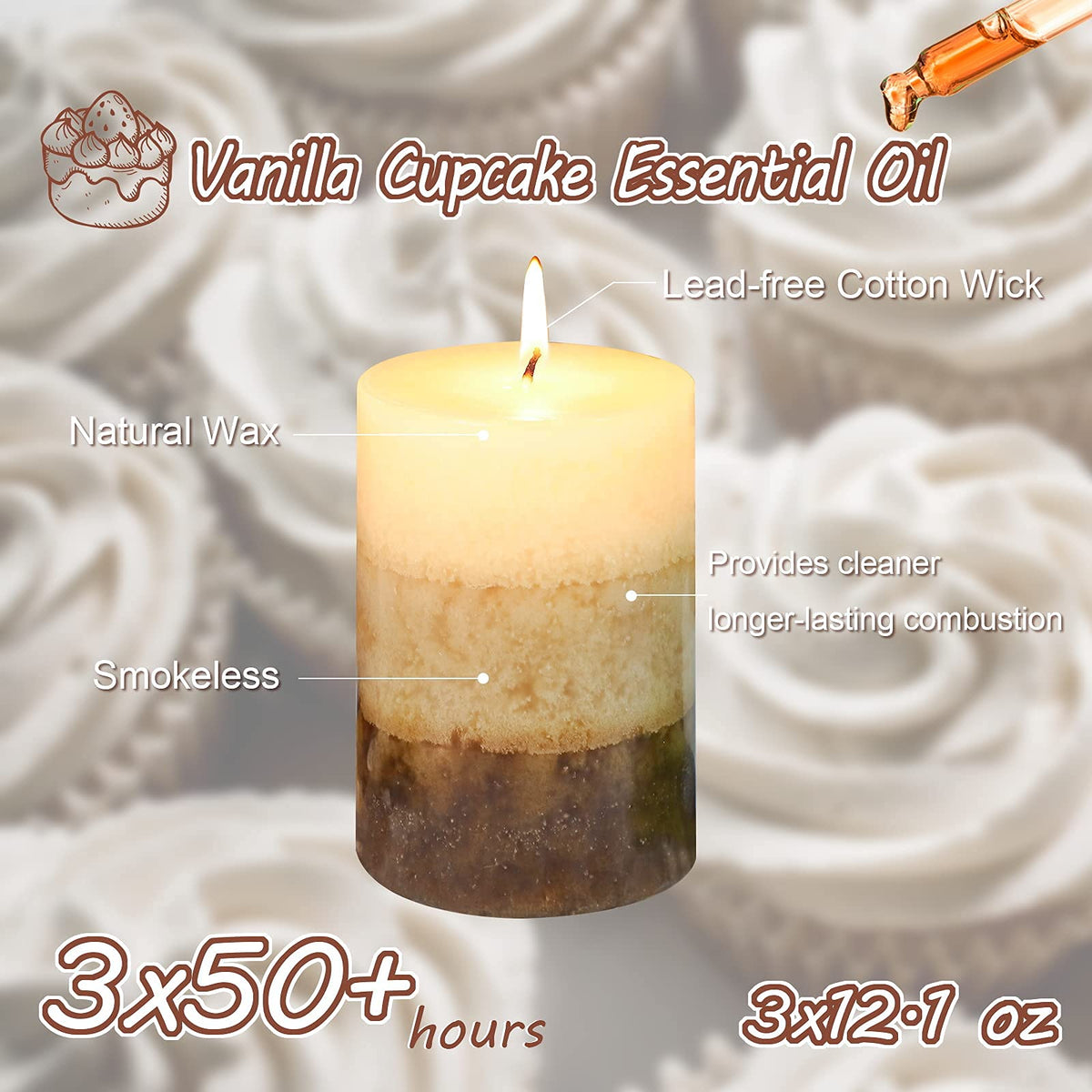 Immeiscent packaging displays three Vanilla Cupcake pillars ideal as gifts.