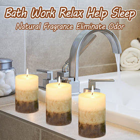 Immeiscent pillar candles emit warm ambiance for dining and relaxation.