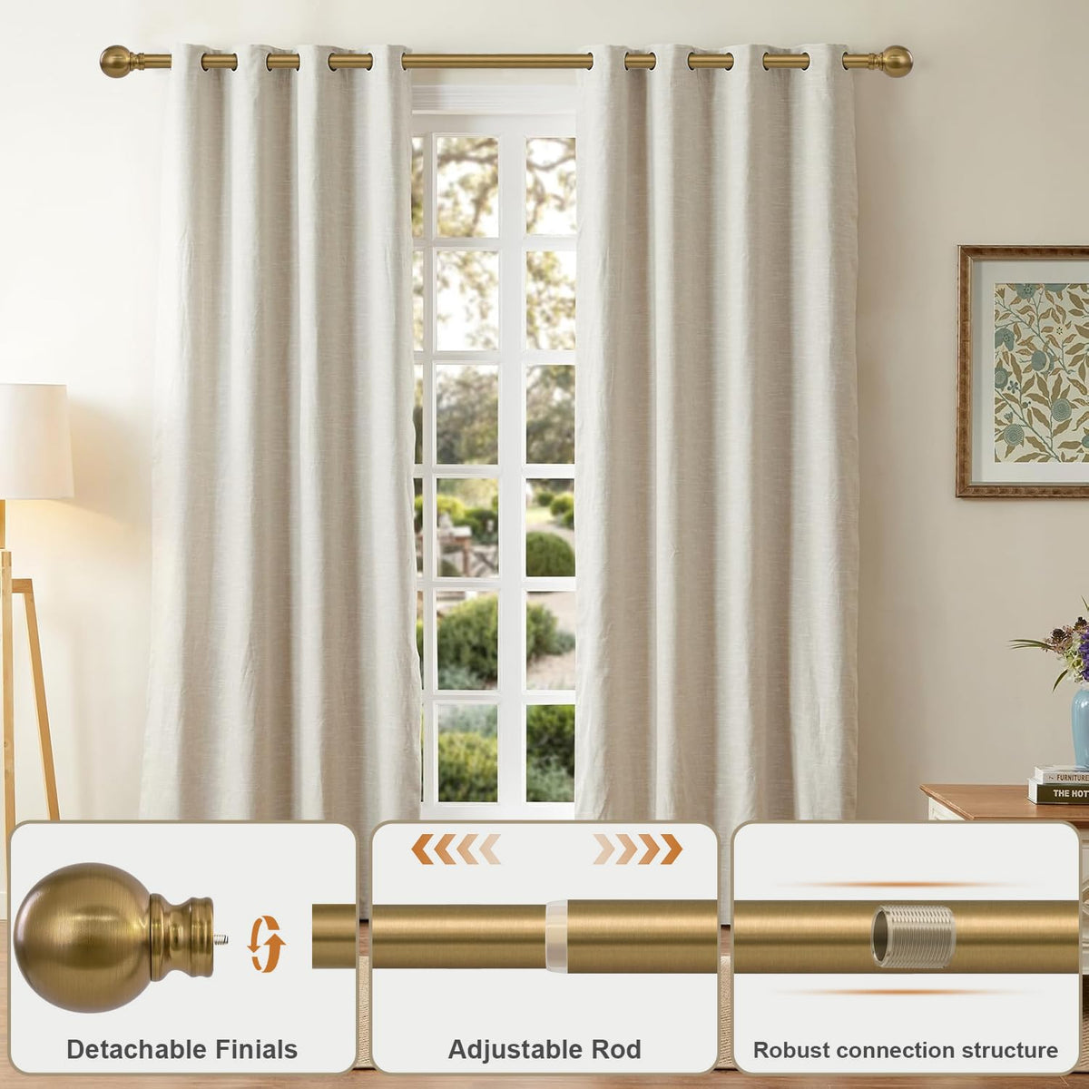 Immiehh brass finials add elegance while improving rod stability.