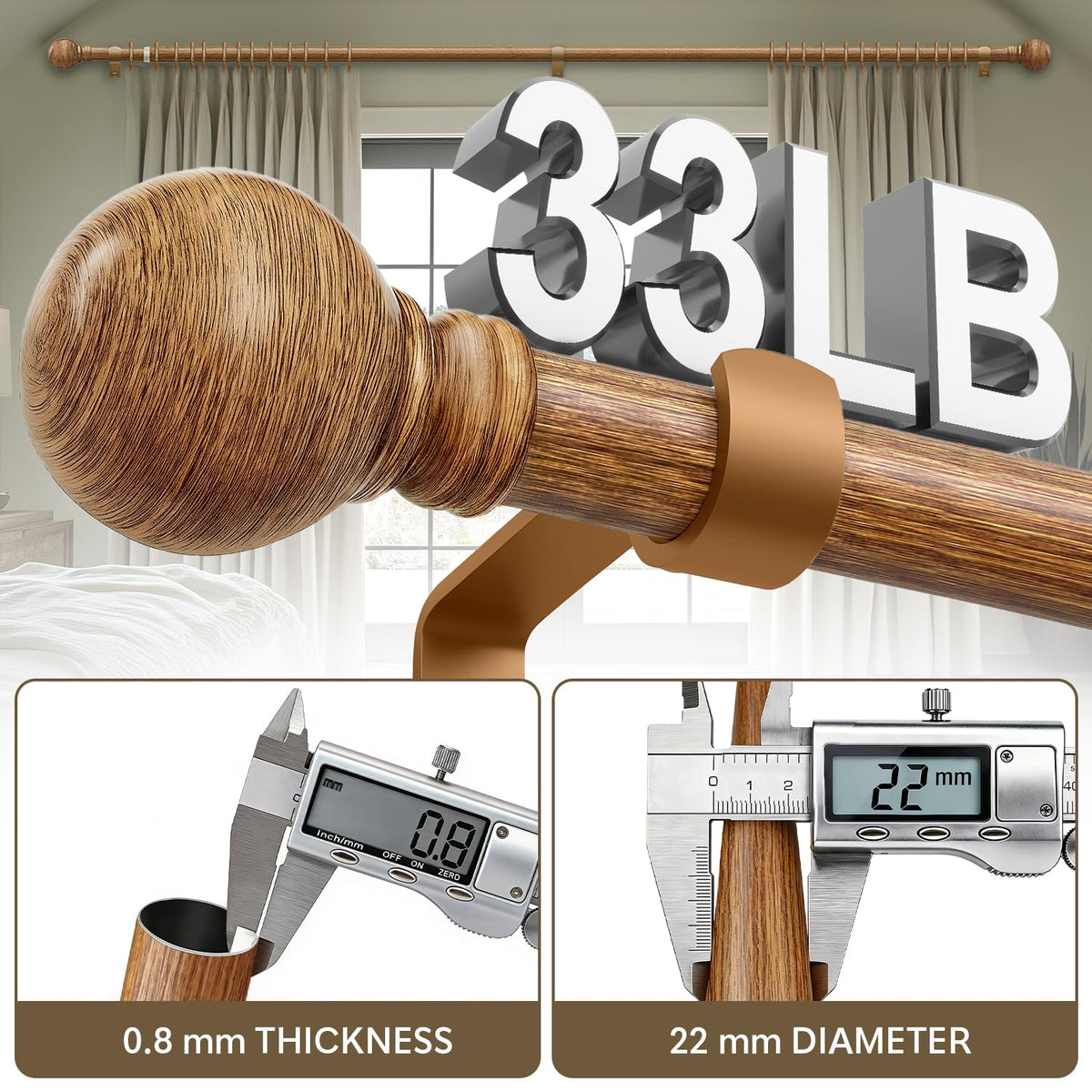 Immiehh heavy-duty 1-inch diameter rod supports heavier curtains.