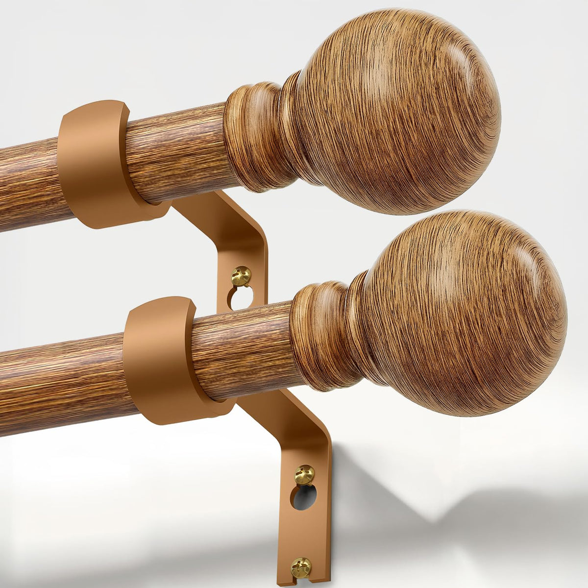 Immiehh wood curtain rod set with grain finish for a refined look.