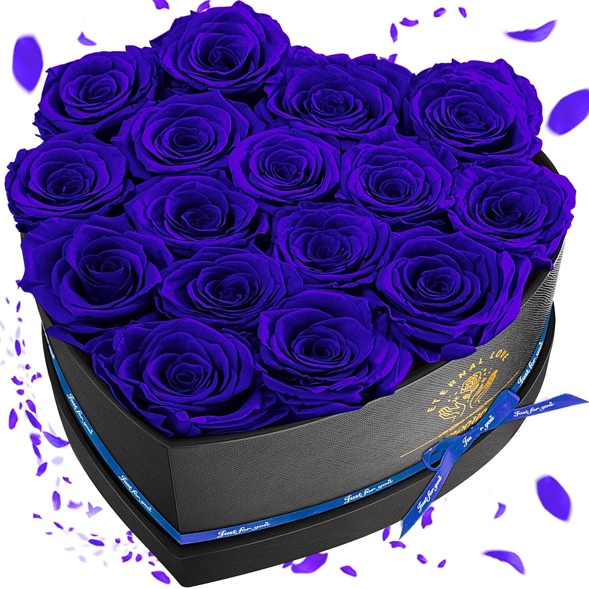 Impouo 16 preserved rose in blue heart box showing lasting beauty.