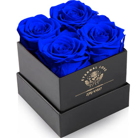 Impouo blue roses in a box, ideal for gifting with lasting beauty.