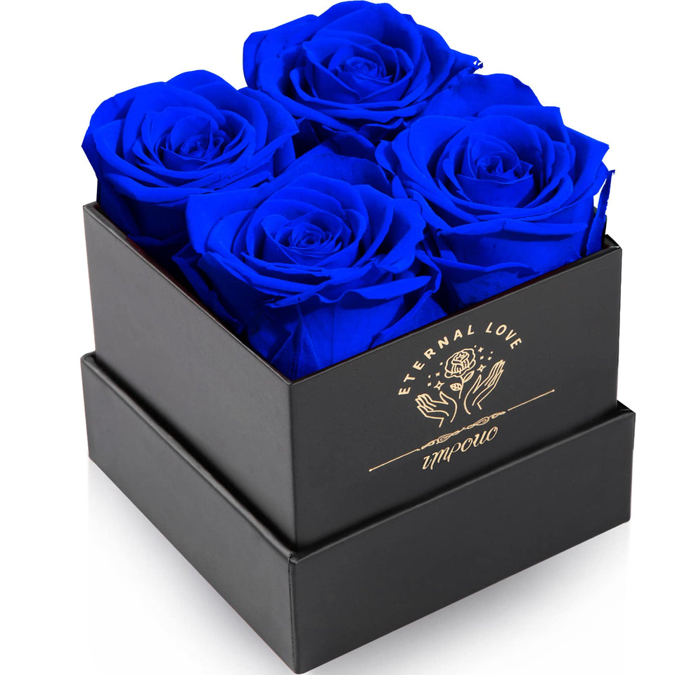 Impouo blue roses in a box, ideal for gifting with lasting beauty.