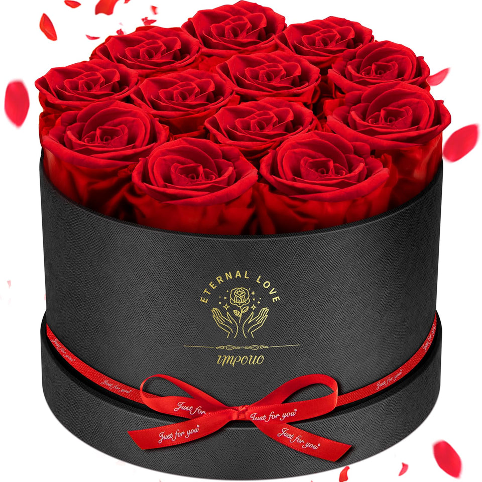 Impouo Forever Flowers: 12 red preserved roses in a box, lasting beauty for years