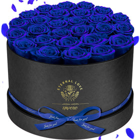 Impouo Forever Flowers: 27 blue roses in box for long-lasting gifting.