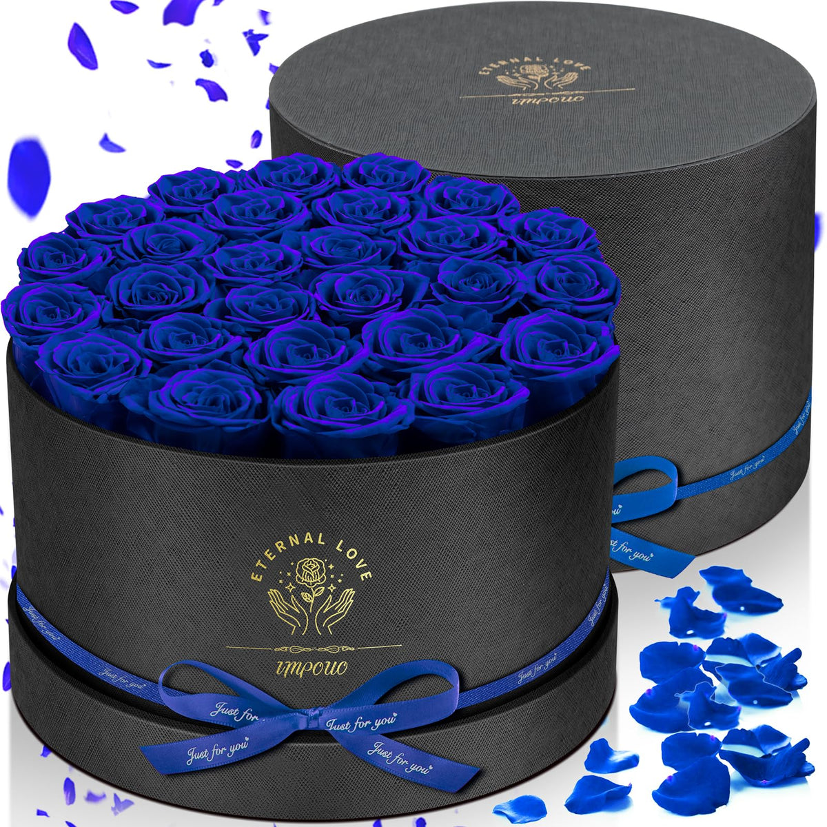 Closeup of blue preserved rose from Impouo Forever Flowers.