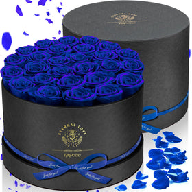 Closeup of blue preserved rose from Impouo Forever Flowers.