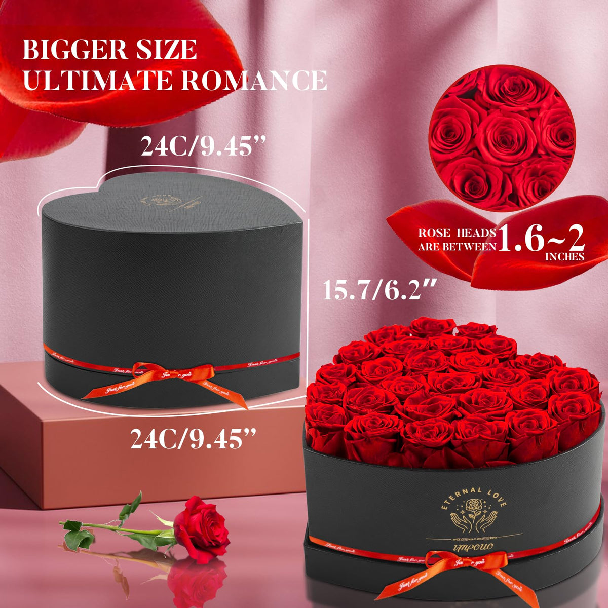 Impouo heart box with 27 forever flowers offers a vibrant, maintenance-free keepsake.
