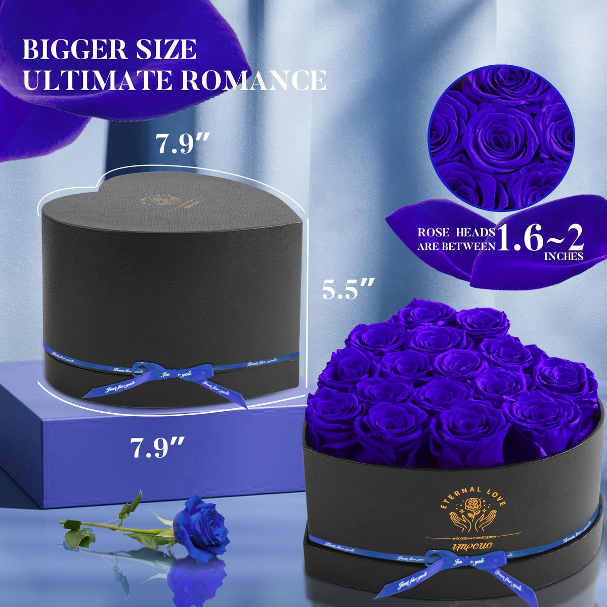 Impouo blue preserved rose bloom with vibrant color.