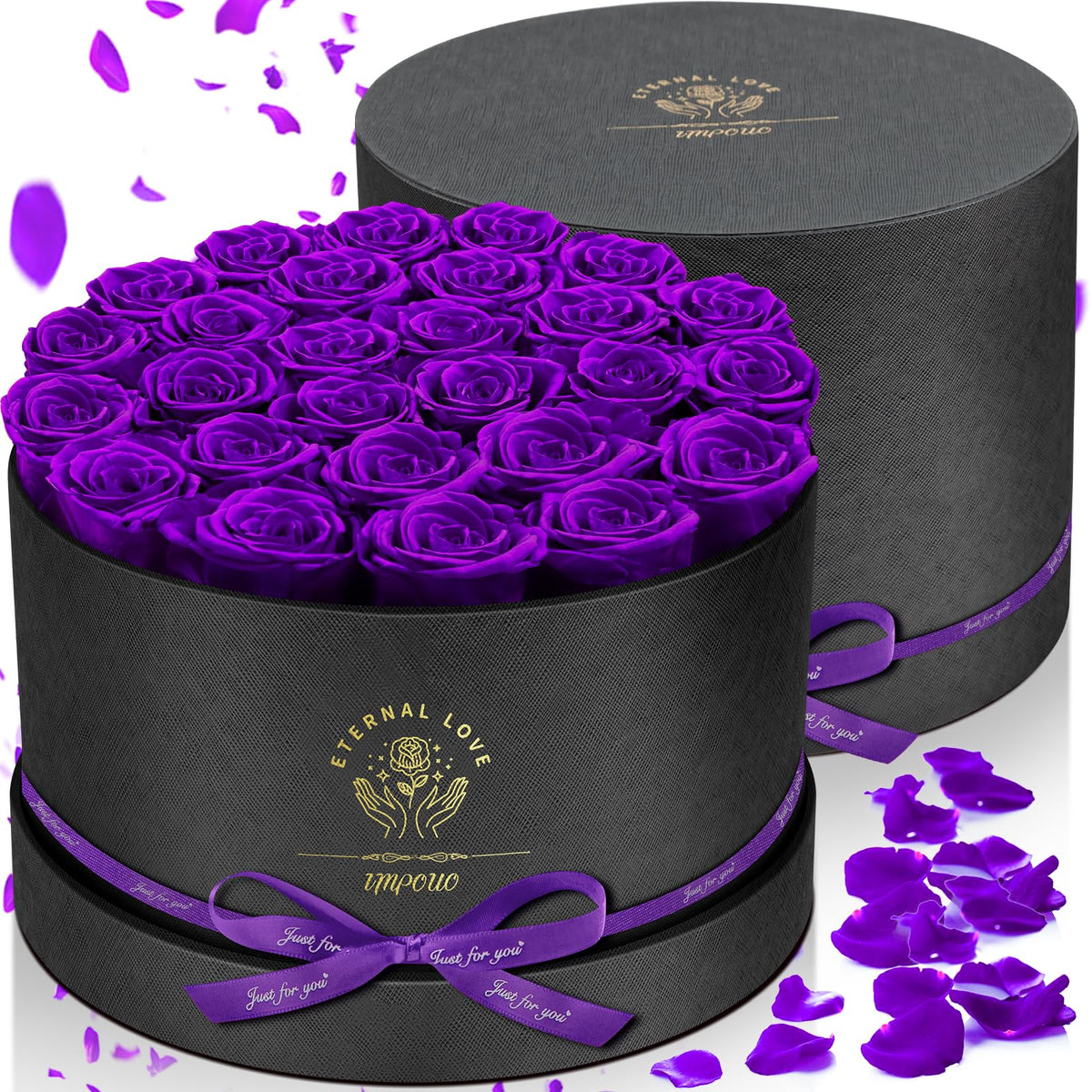 Impouo preserved roses purple closeup highlighting rich color and petal texture.