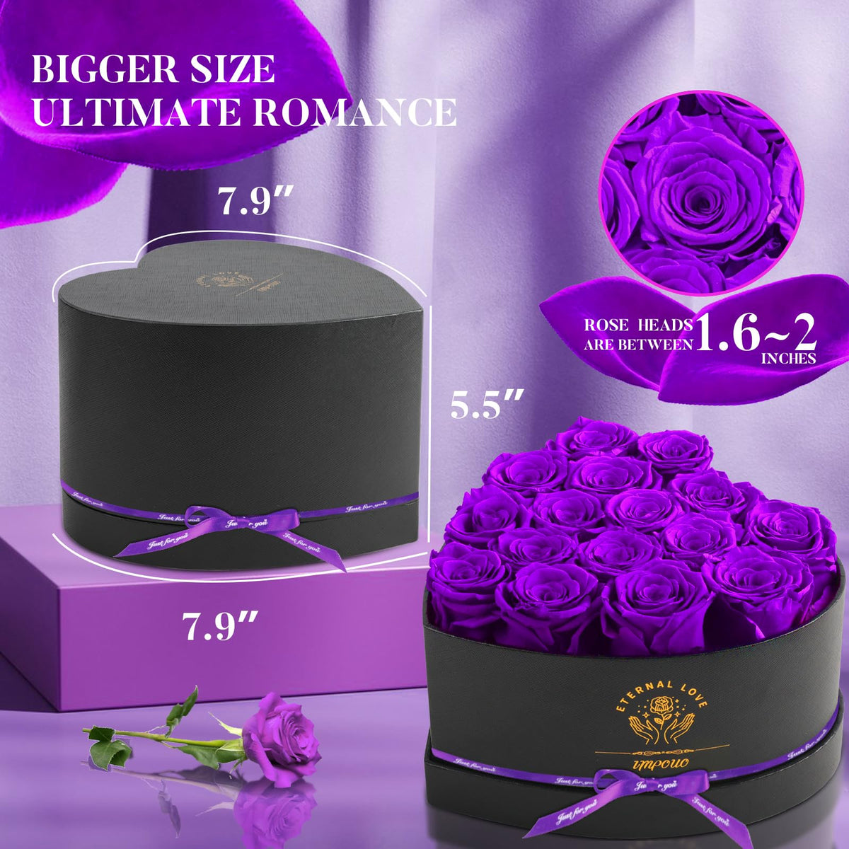 Impouo purple preserved roses in a box, vibrant centerpiece.