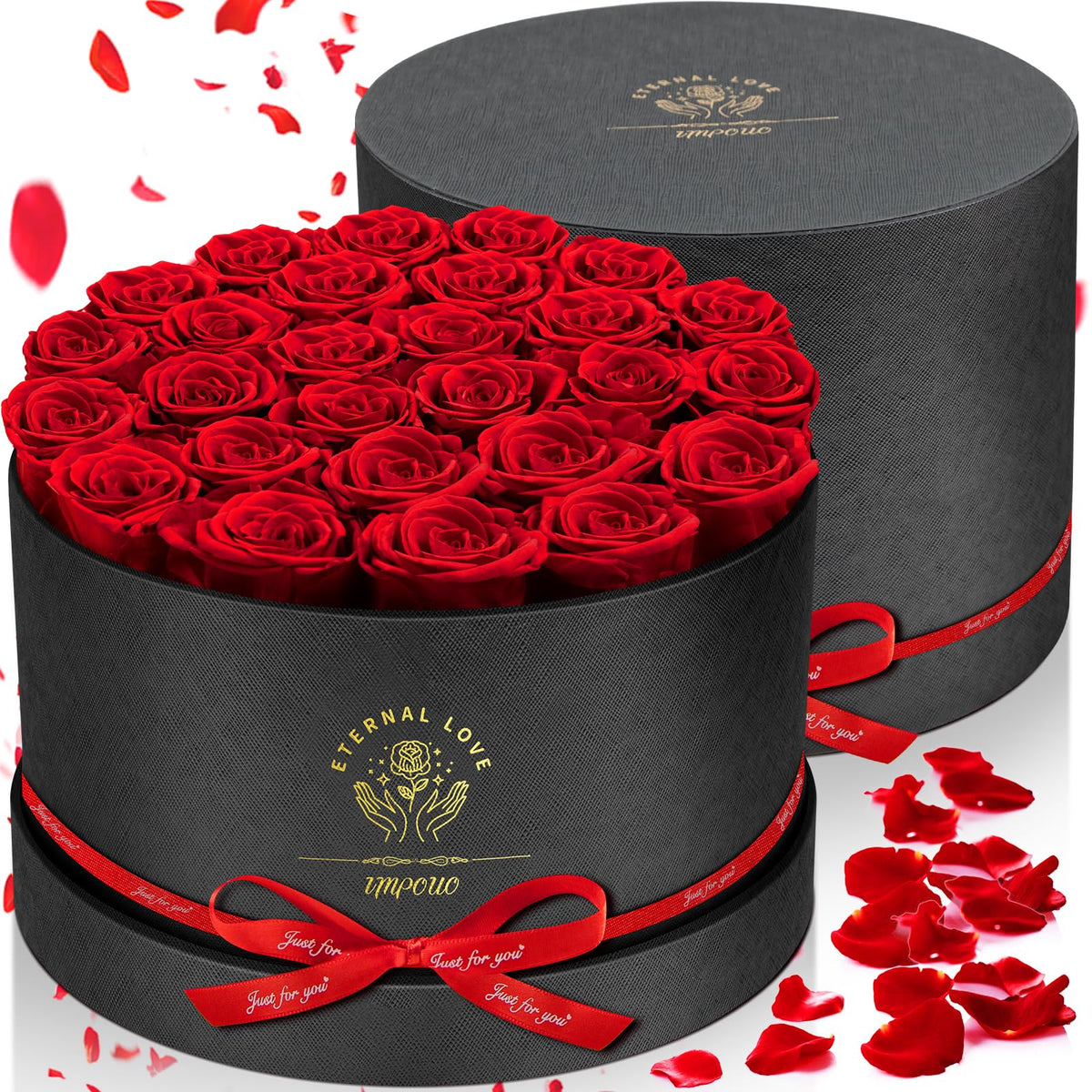 Impouo real preserved roses close-up showing rich color and intricate petals.