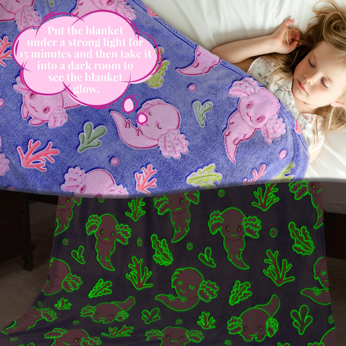 IMUKU axolotl blanket is machine washable in cold water for easy care.