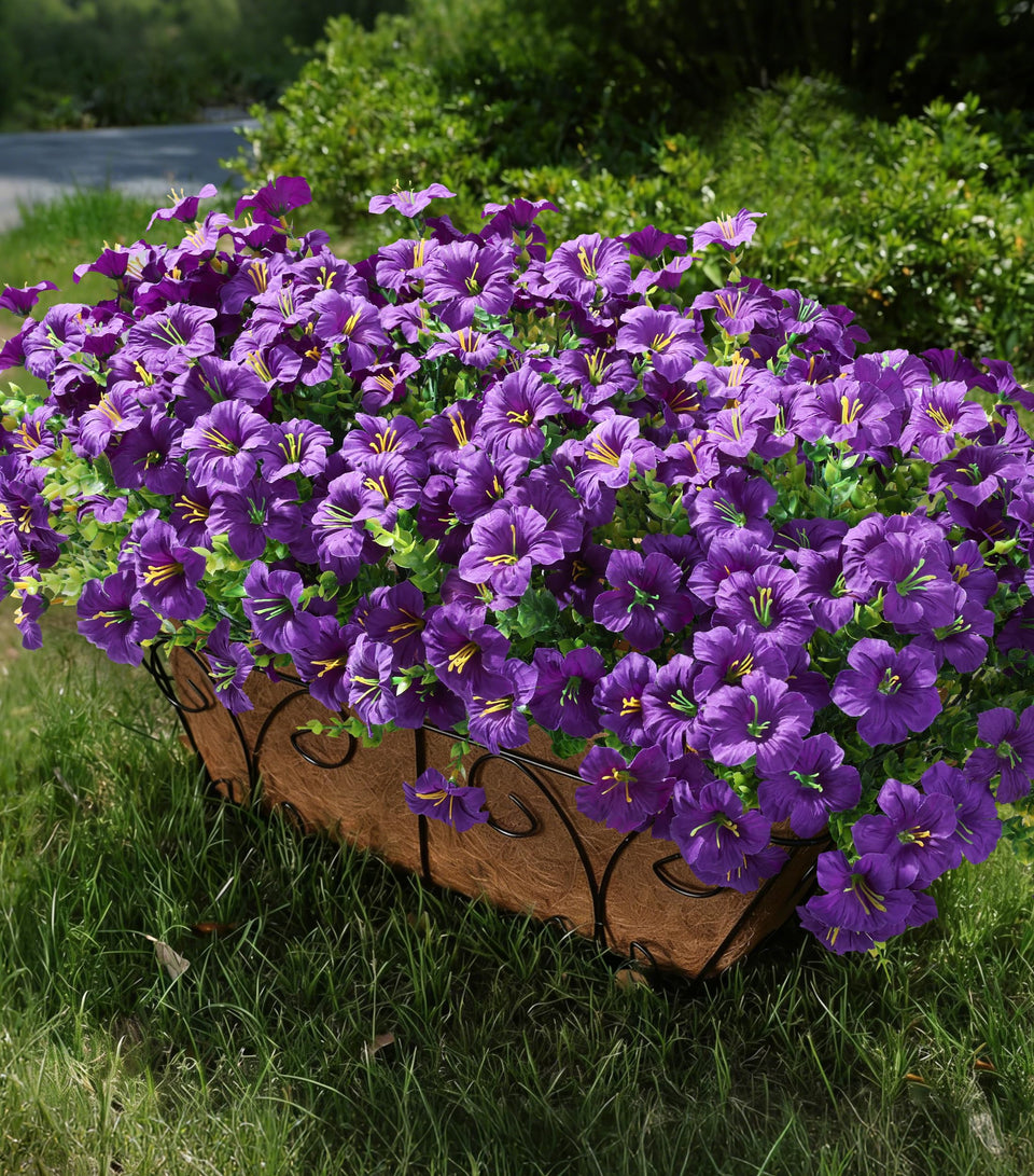 INSPRING artificial petunia with eucalyptus bundles for durable outdoor displays.