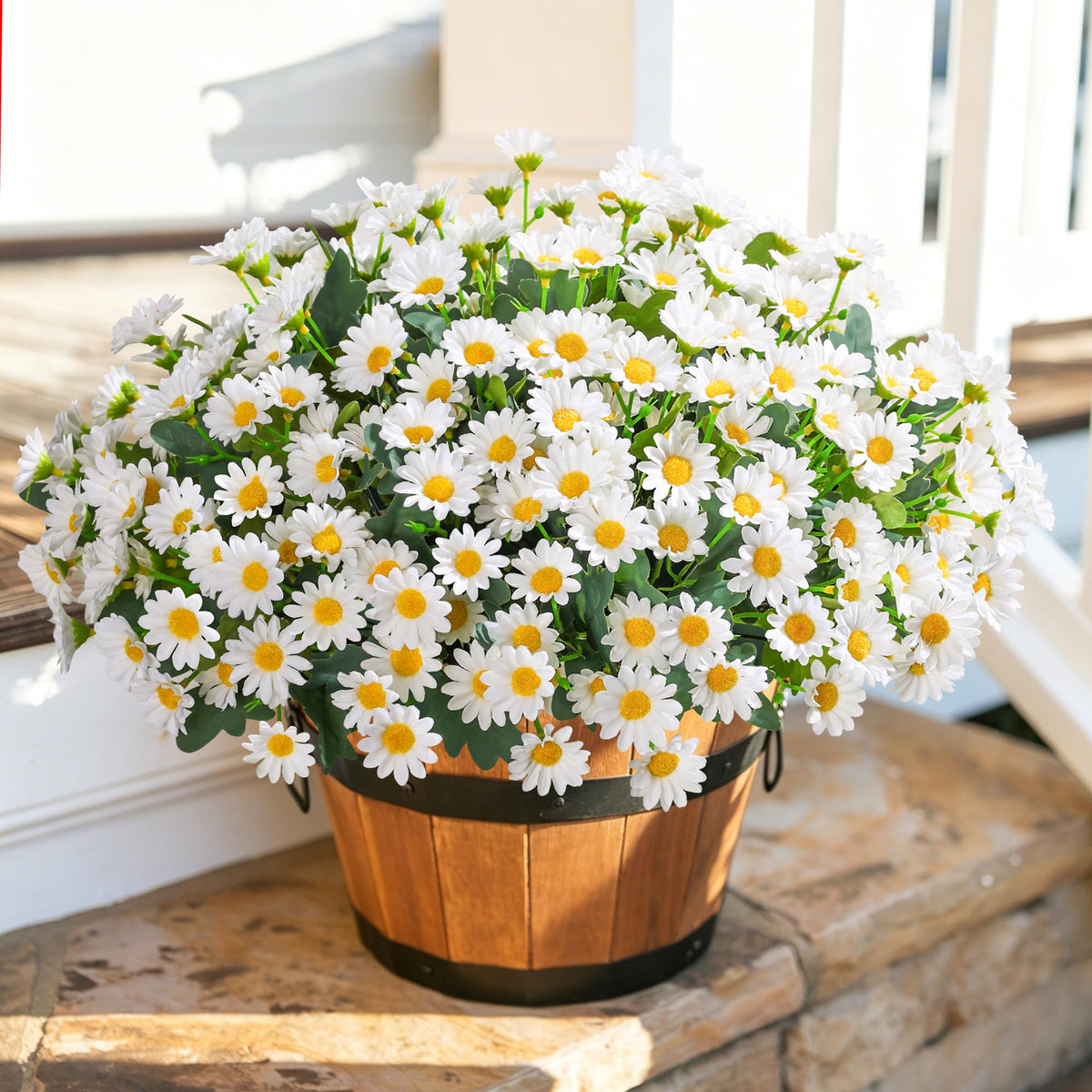 INSPRING white daisies close-up highlighting realistic petals and wired stems.