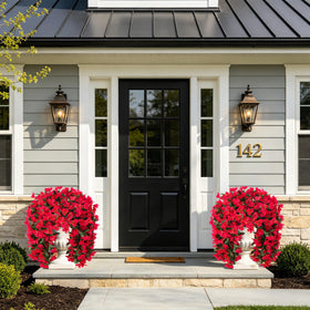 INSPRING red bougainvillea vines draping from urn for entryway